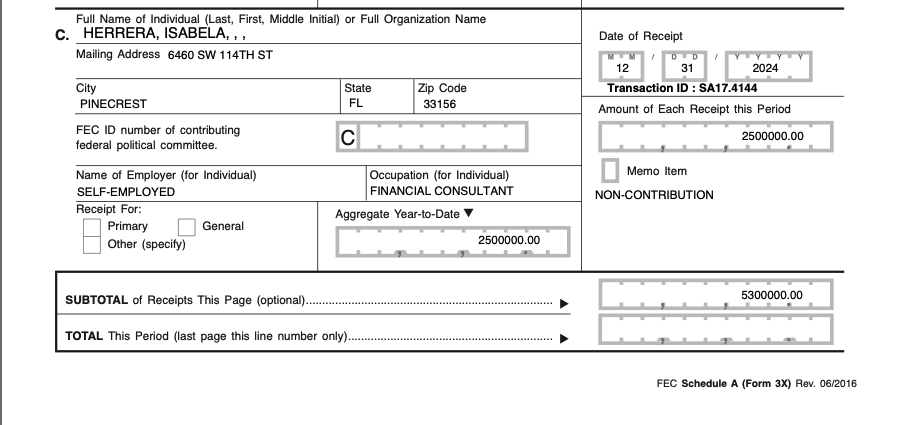 FEC filing showing $2.5 million donation to MAGA Inc